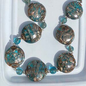 Vintage Murano Venetian Glass bead necklace Aqua or Turquoise blue rose gold
